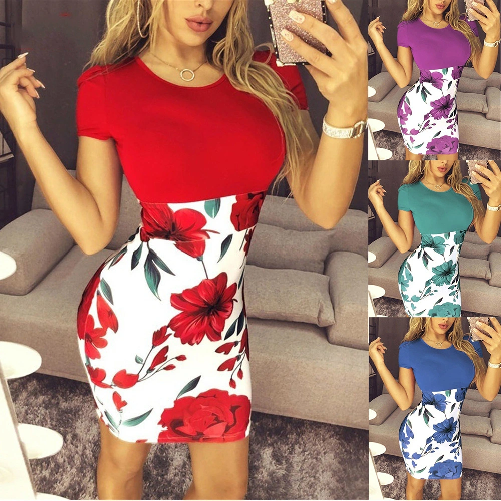 Color Block Flower High Waist Bag Hip Dress