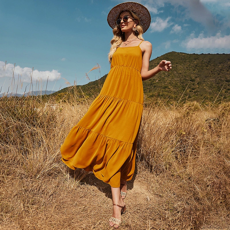 Summer New Casual Sling A-Line Dress Long Skirt
