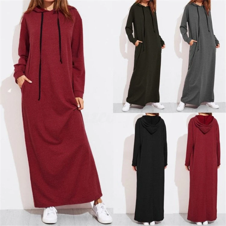 Solid Color Loose Drawstring Hooded Dress