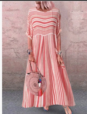 Casual Striped Short Sleeve Round Neck Pocket Dress Long