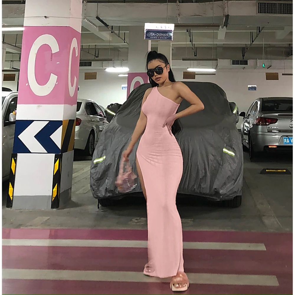 Sexy Irregular Pit Striped High Slit One-shoulder Dress