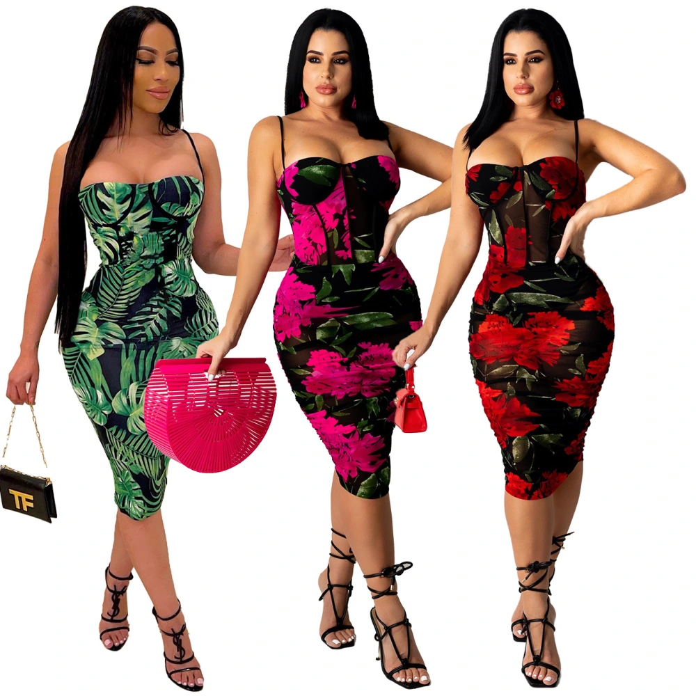 Printed Sexy Dress Pleated Slim-fit Suspender Nightclub Skirt