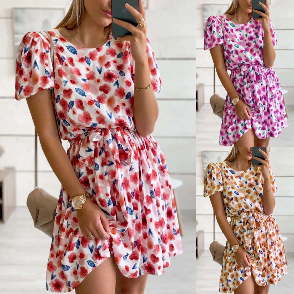 Summer Fashion Print Round Neck Short-Sleeved Waist Tie Dress