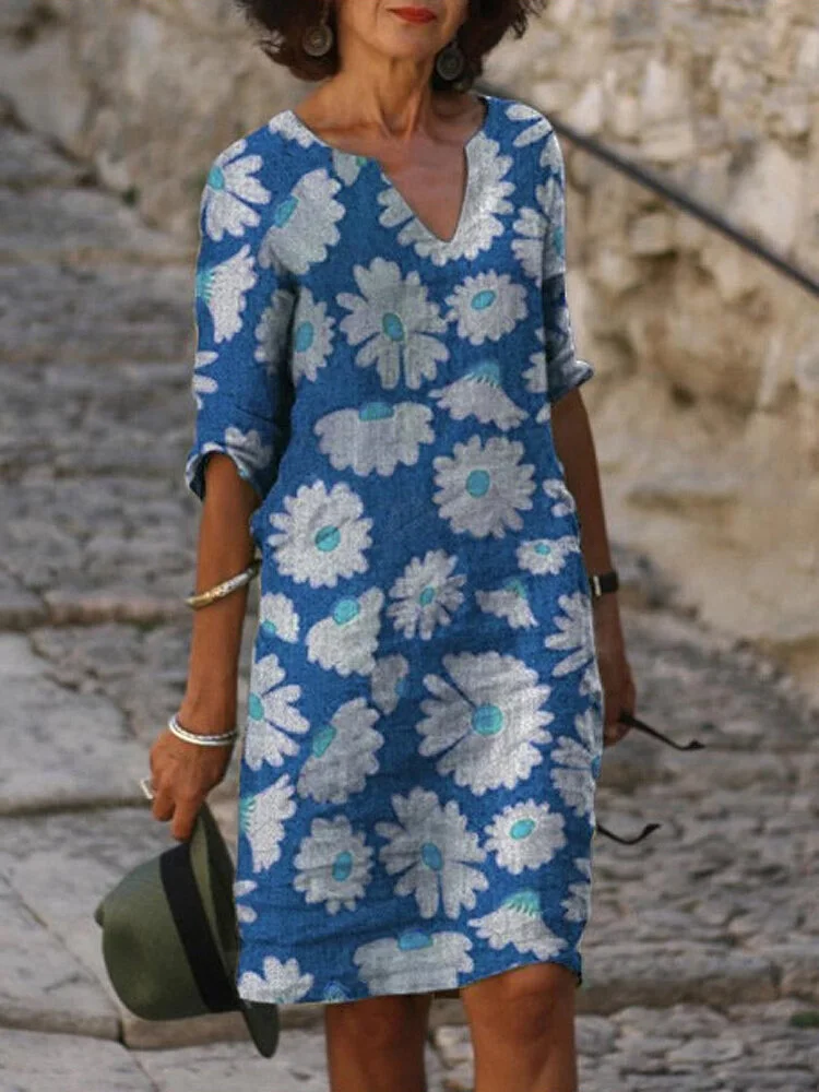 Loose Bamboo Fiber Linen Floral Short-sleeved Dress