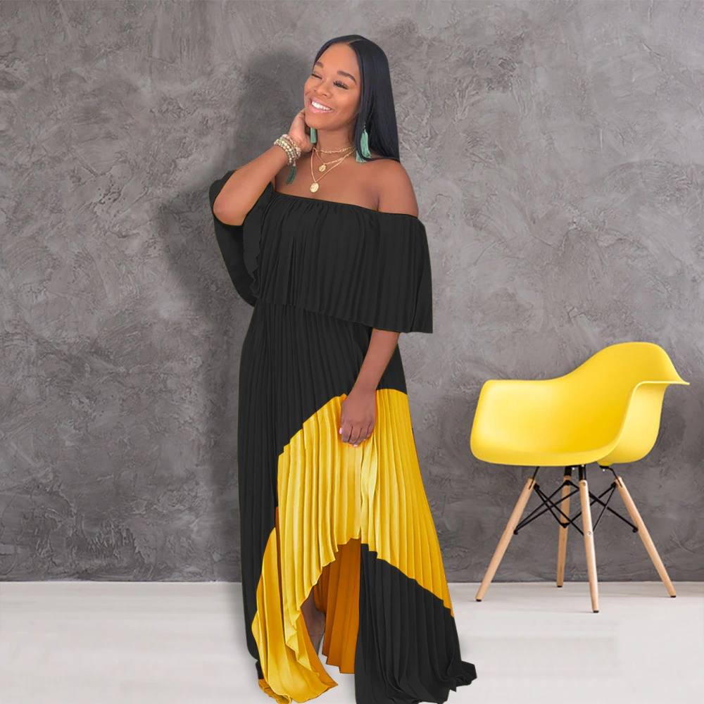 One-shoulder Pearl Chiffon Pleated Stitching Dress