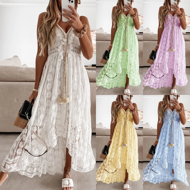 European And American New Ladies Solid Color Deep V Lace Sexy Fashion Long Dress