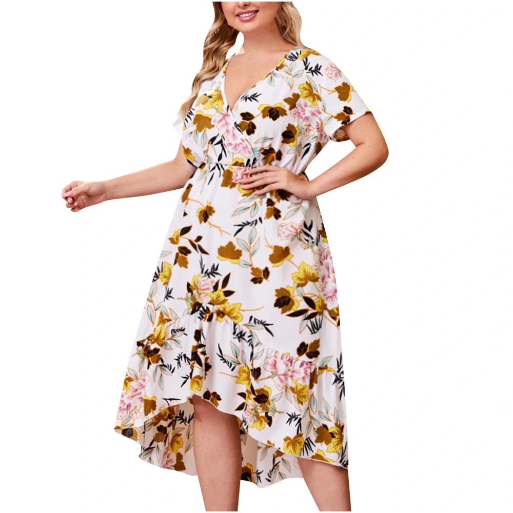 New Style Large Size Dress With Printed V-Neck Waist And Irregular Big Hem Dress
