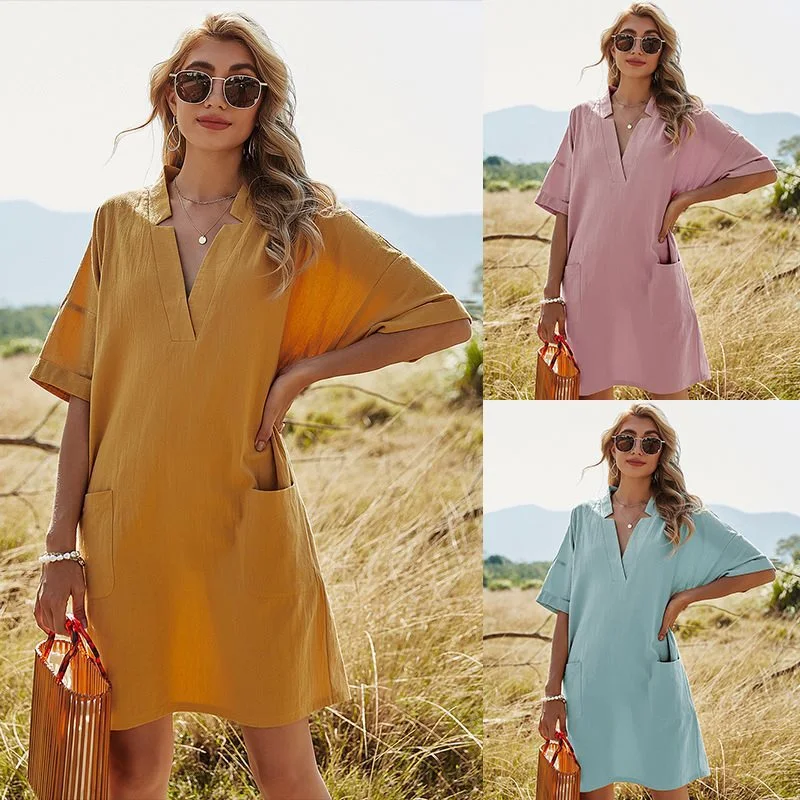 Summer New Women's Solid Color V-Neck Dress