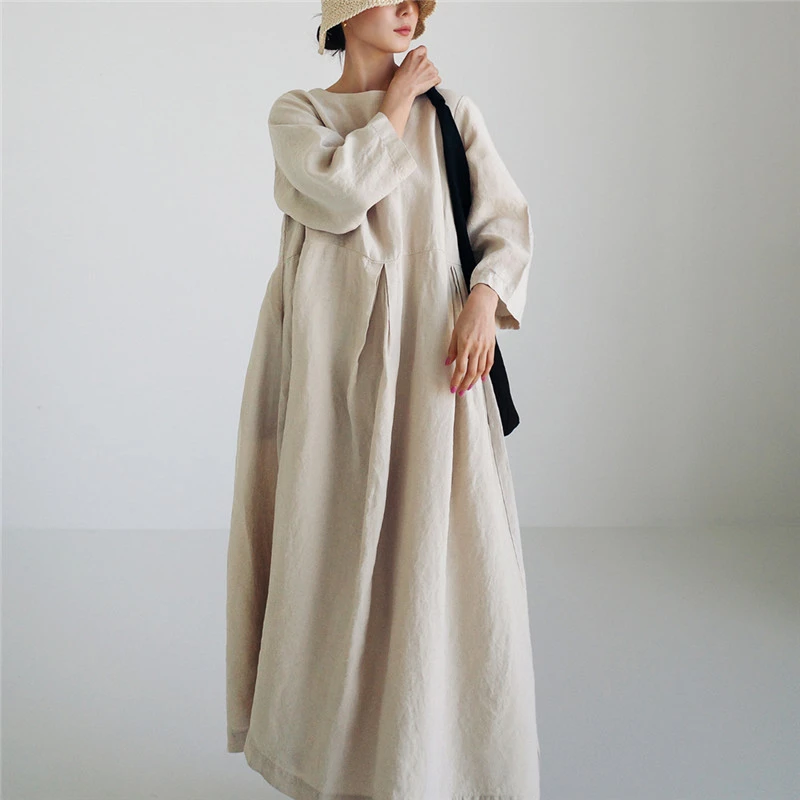 Loose Plus Size Linen Dress Fashion Student Round Neck Bottoming Shirt Long Over-the-knee Doll Skirt Cotton And Linen A-line Skirt
