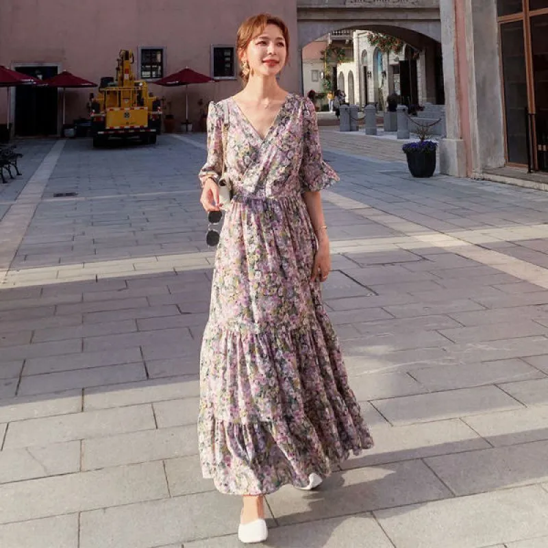 Summer New Style Plus Size Women's Small Floral Long Skirt Holiday Floral Dress