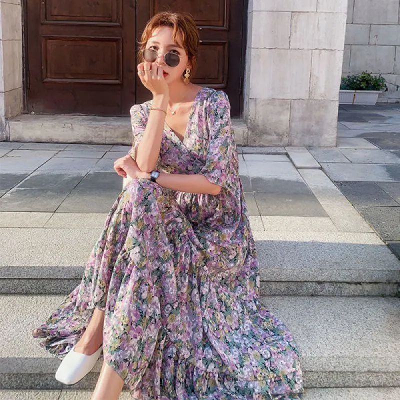 Summer New Style Plus Size Women's Small Floral Long Skirt Holiday Floral Dress