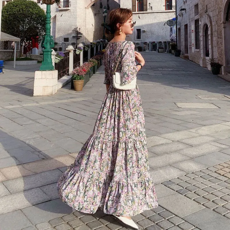 Summer New Style Plus Size Women's Small Floral Long Skirt Holiday Floral Dress