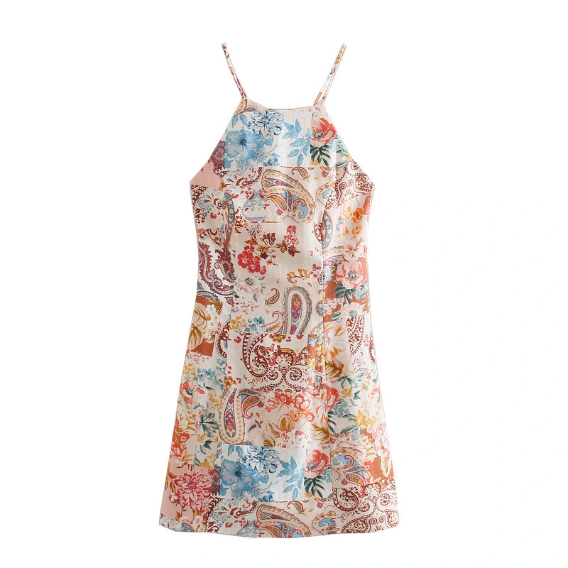 Patchwork Traditional Print Suspender Backless Dress