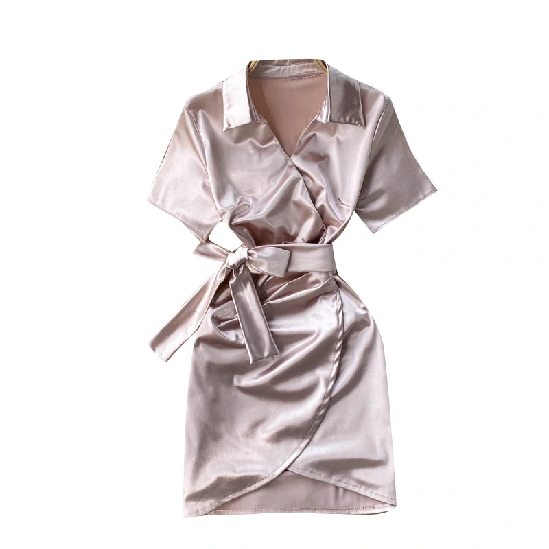 Glossy Imitation Satin V-neck Waistband Pleated Irregular Dress