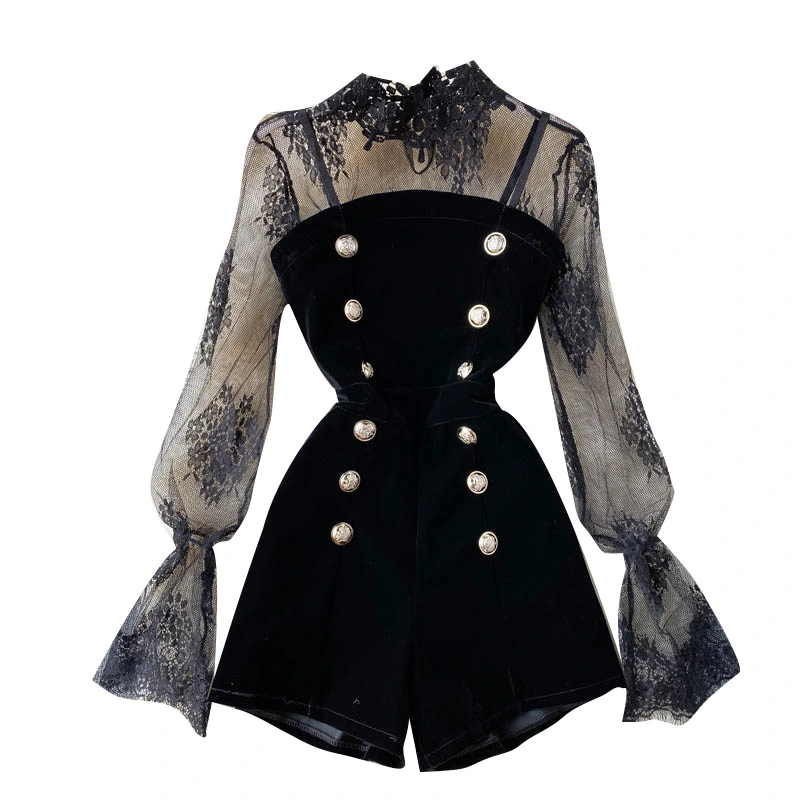 Mesh Lace Sexy Blouse Women Double Breasted Suspenders