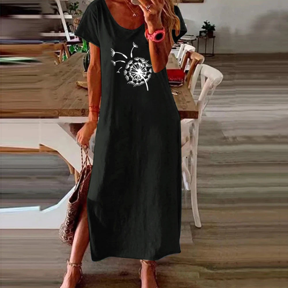 Loose Casual Dress With Printed Hem Slits