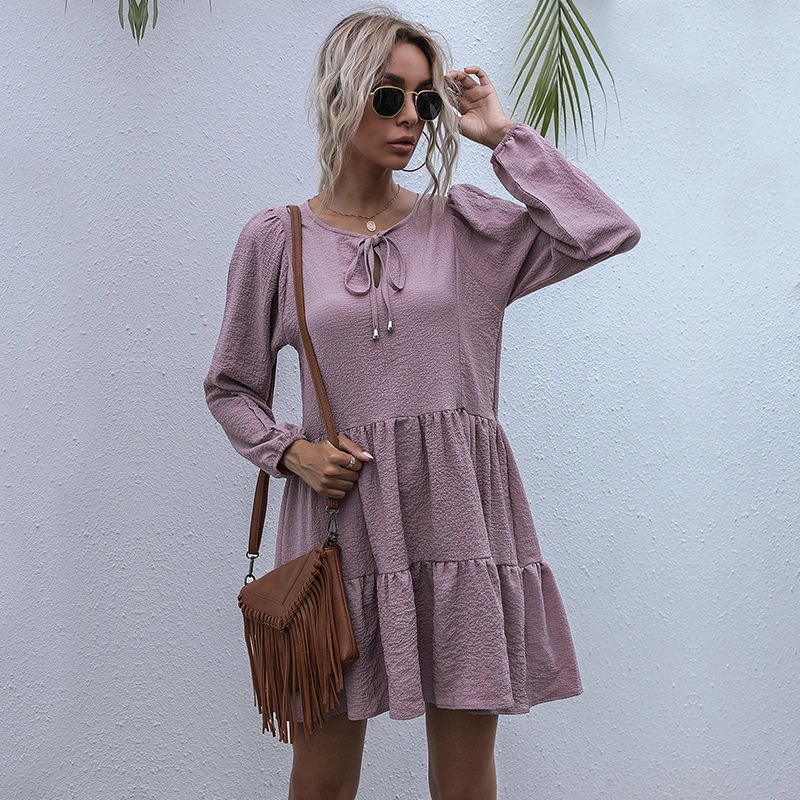 Round Neck Lace Pleated Short Dress