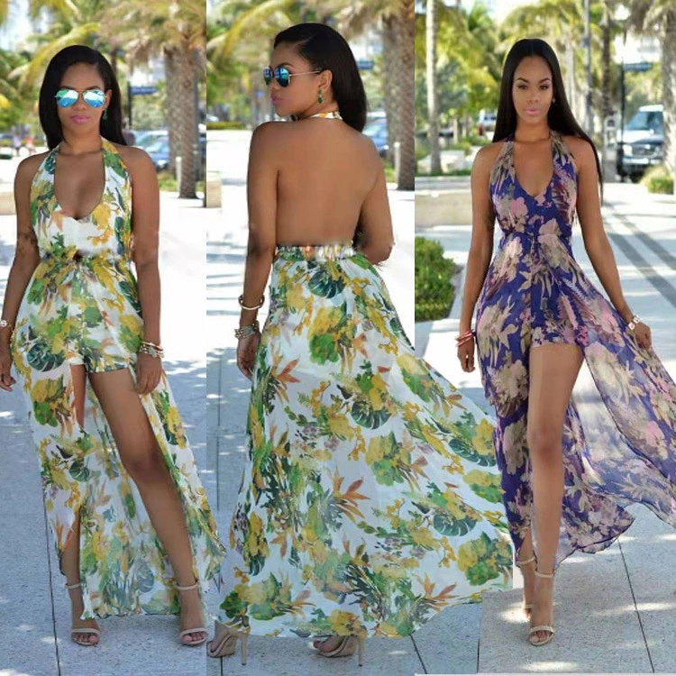 New Printed Temperament Sexy Split Beach Long Dress