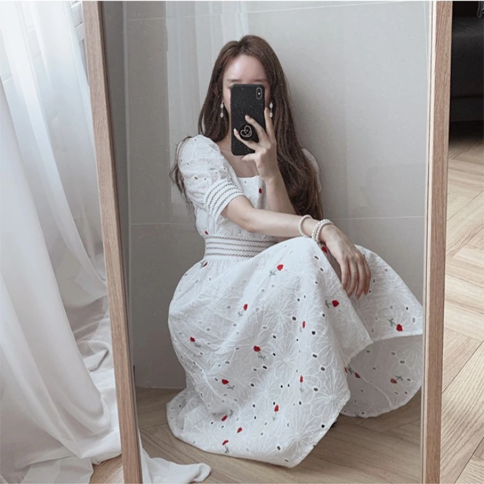 Small Public Embroidered Lace Hollow Long Dress With Waist And First Love Bellflower Skirt