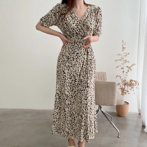 Chiffon Breathable Floral Print Retro Lace-Up Waist One Piece Long Dress Women