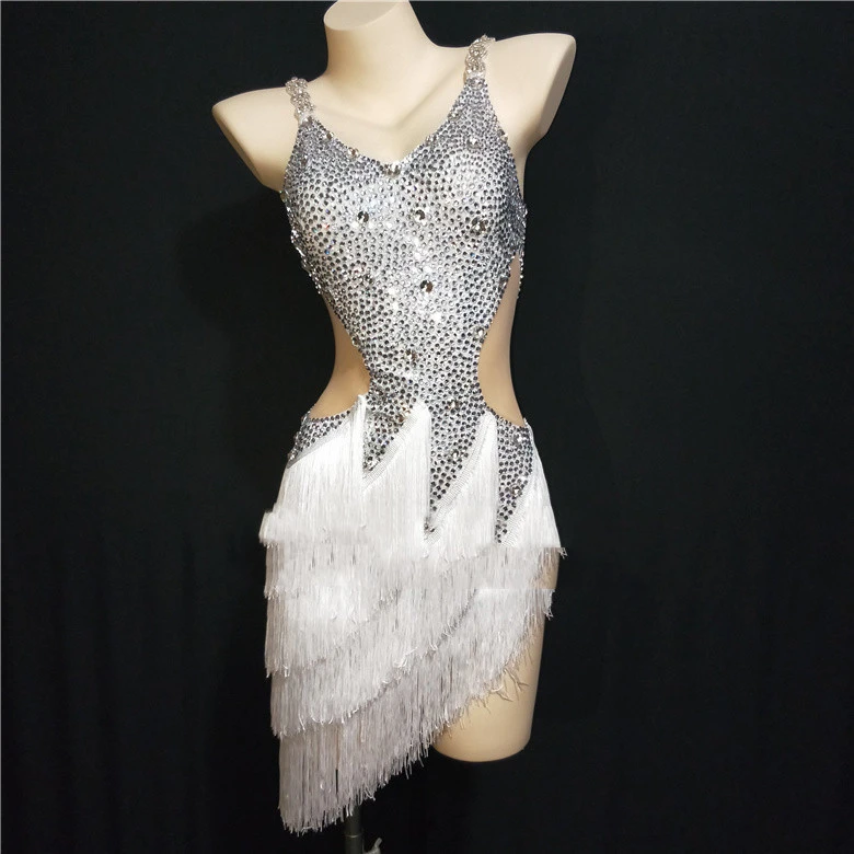 Latin Dance Dress Fringed Dress Stretch Mesh Performance Costume