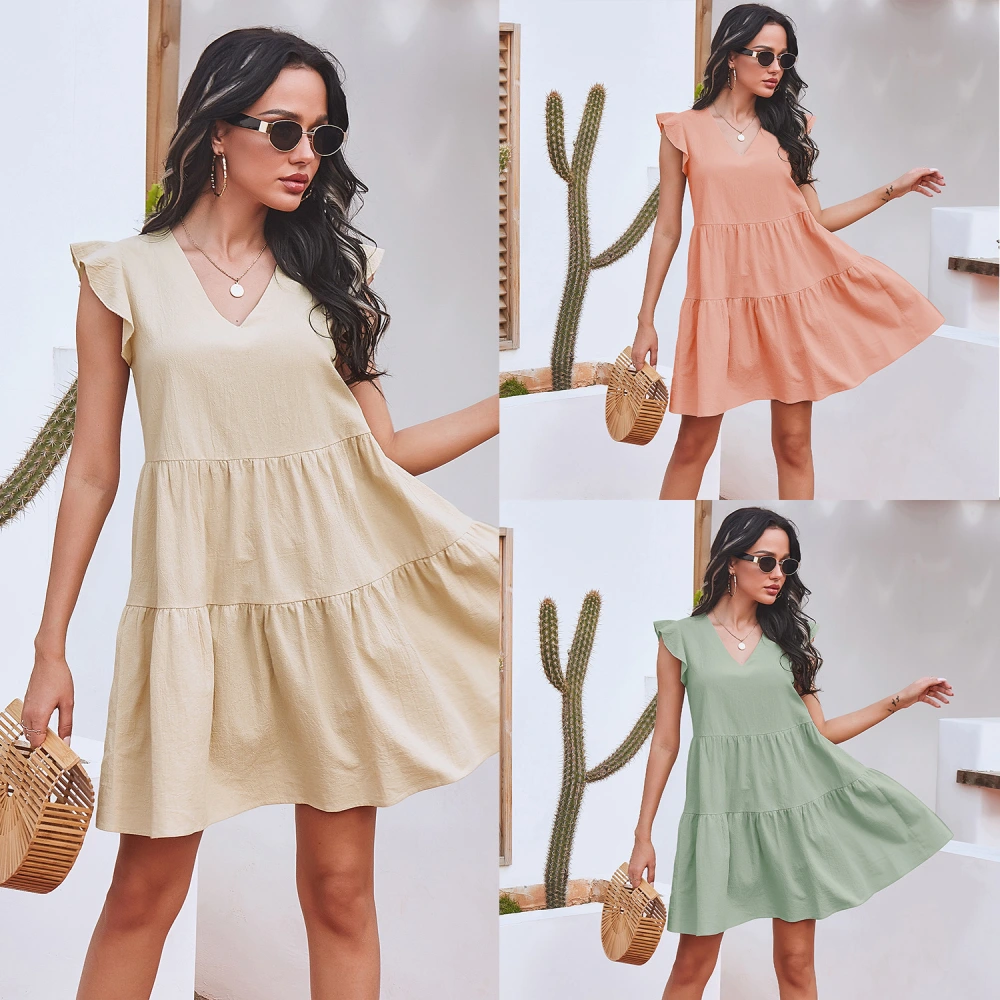 European And American Style Solid Color Stitching V-neck Short-sleeved Dress
