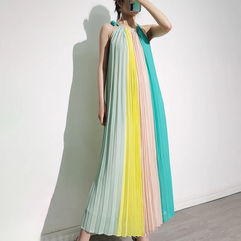 Pure Color High Waist Elegant Long Skirt Chiffon Sling Sleeveless Women's Clothing
