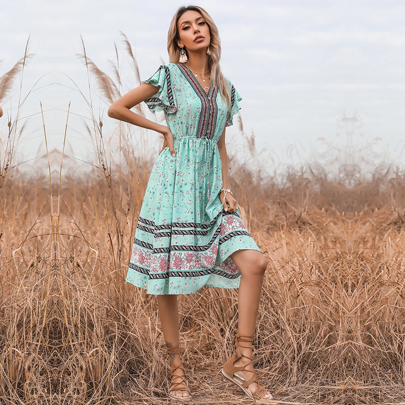 Lace-up Elastic Flared Short-sleeved Dress