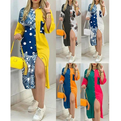 Printed Stitching Long-sleeved Lapel Cardigan Long Shirt Dress
