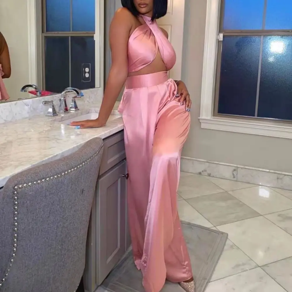 European And American Solid Color Tube Top Wide Leg Pants Suit