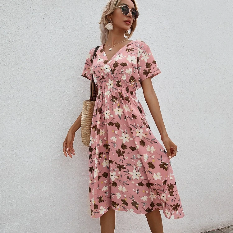 Summer New Style Female Flower Waist Short-Sleeved Dress