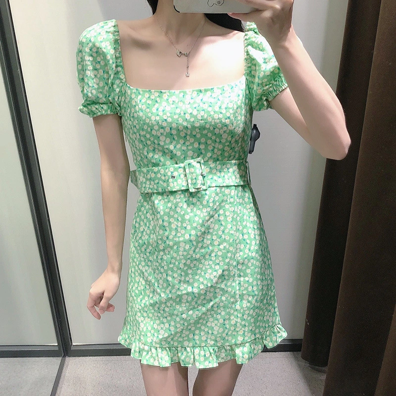 Green Puff Sleeve Sweet Flower Print Belt Linen Dress