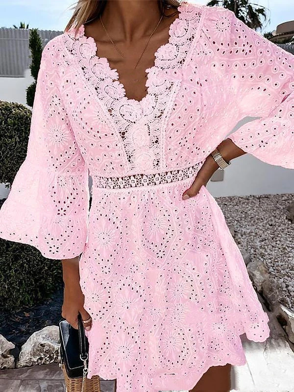 Dress V-neck Lace Hollow Flare Sleeve Pure Color Short Skirt