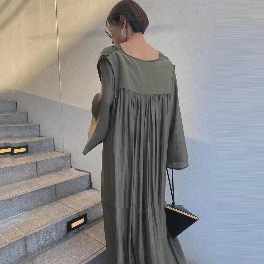 New Style V-neck Button 2way Gloss Big Hem Dress Long Dress