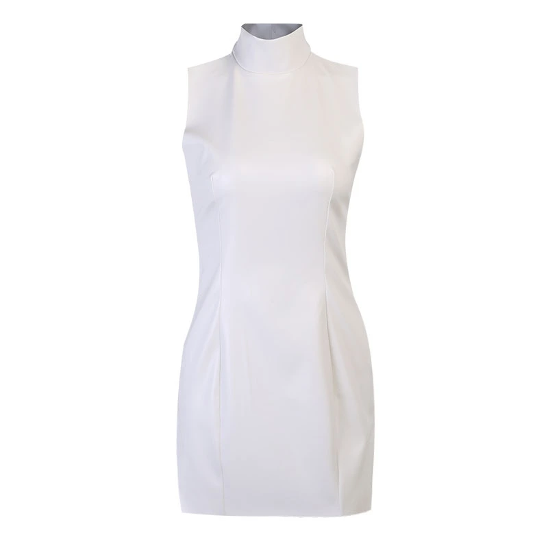 High Slit Sexy PU Leather Slim Halter Zipper Dress
