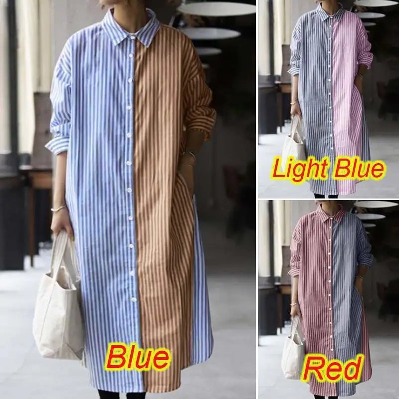 Mid-length Striped Shirt Dress Loose Plus Size Striped Long