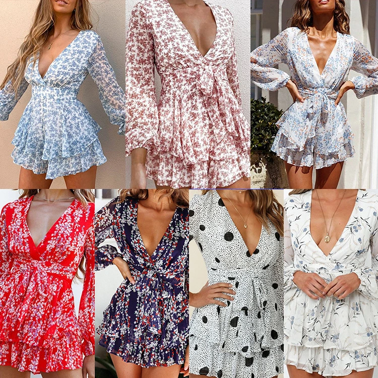 Printed V-neck Waist Slimming Long-sleeved Cake Skirt Dress