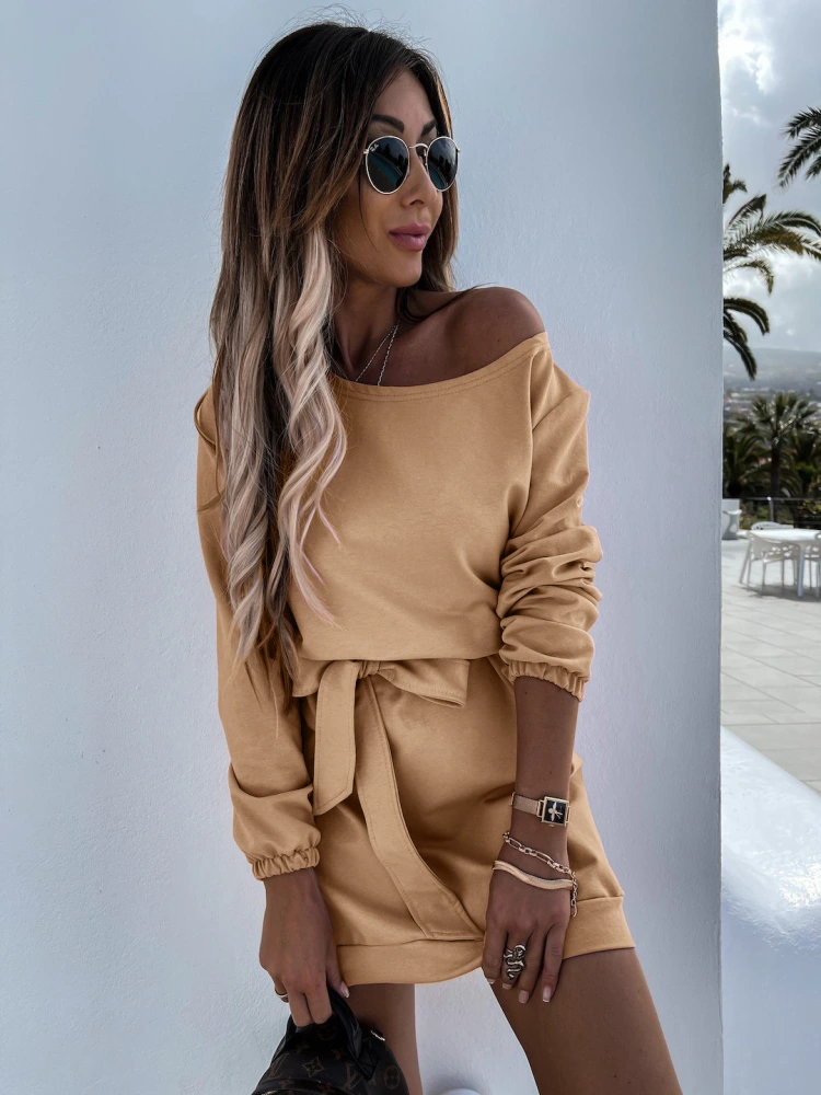Slanted Shoulder Belt Lantern Sleeve Casual Dress