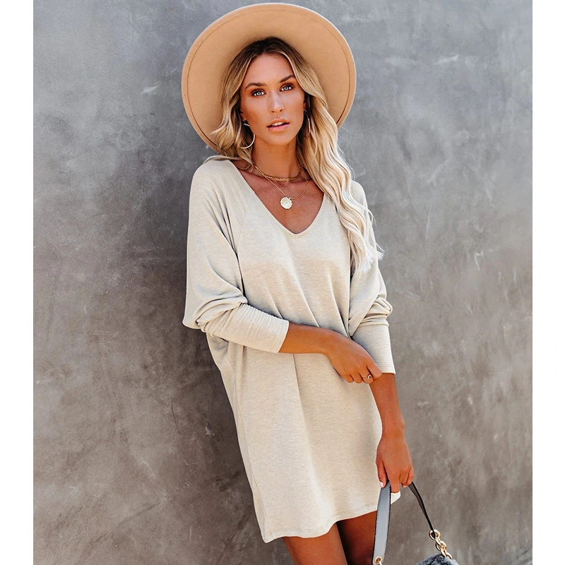 European And American Women's Pullover Skirt Solid Color Long-sleeved V-neck Dress