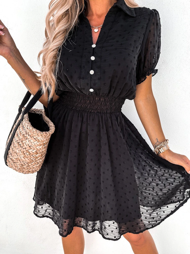 Fashion Sexy Solid Color Button Mid-waist Comfortable And Elegant Big Black Dress
