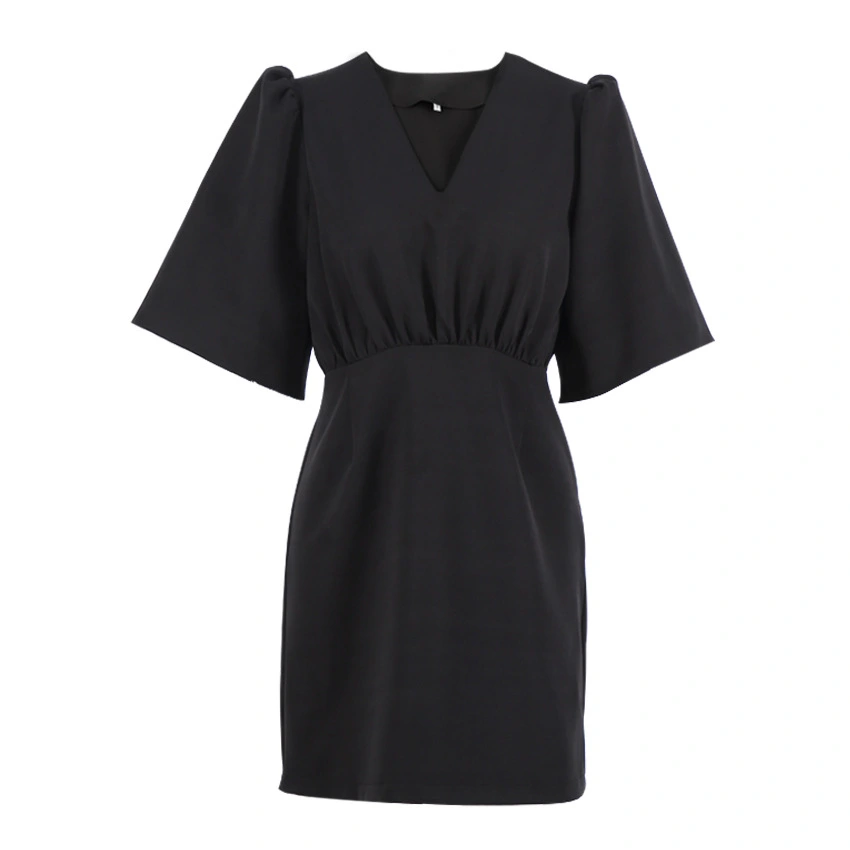 Black V-neck Waist Dress Female Puff Sleeve Temperament A-line Skirt