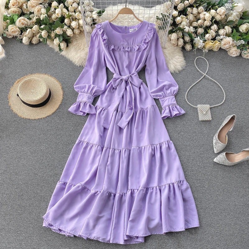 Puff Sleeves Age-reducing Slim Long Ruffled Holiday Skirt With Fungus