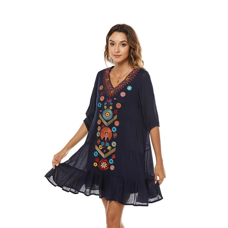 Vacation Loose Chiffon Mid-length Embroidered Dress Women