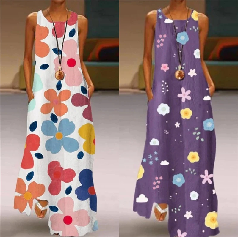 Printed Round Neck Sleeveless Dress With Big Pockets
