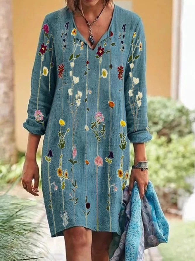 Ladies Long Sleeve V-Neck Printed Dress