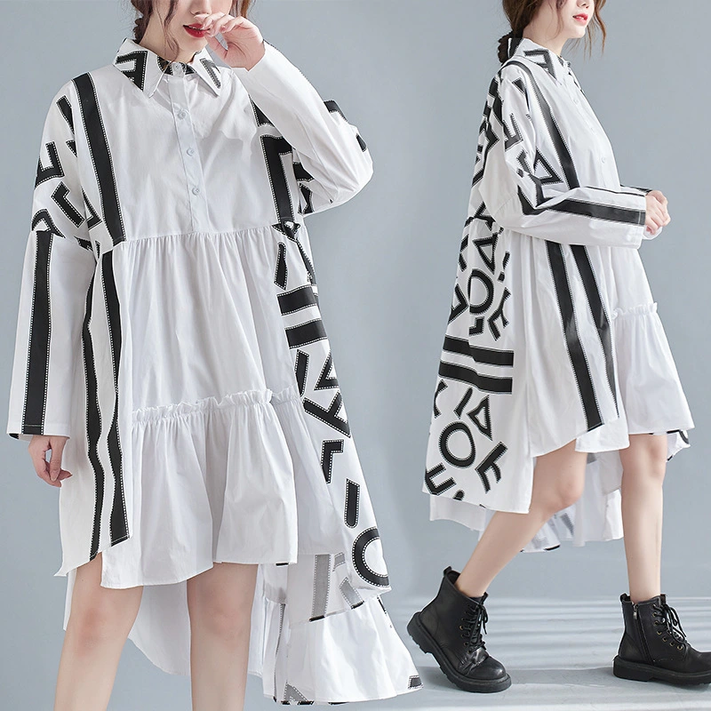 Single Breasted Irregular Ruffled Mid Length Shirt Dress