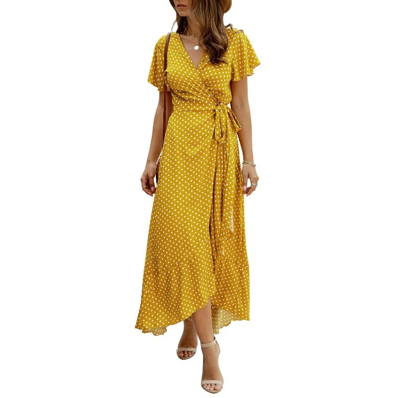 Fashion Polka-dot Sexy V-neck Ruffled Short-sleeved Women's Dress