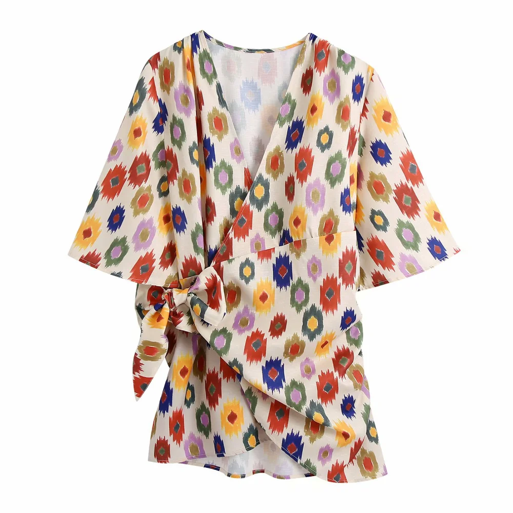 Mid Sleeve Wrapped Knotted Printed Mini Dress