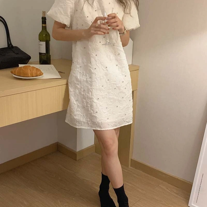 Design Sense Amoi Round Neck Hot Rhinestone Bubble Short-sleeved Dress SmallA-line Skirt