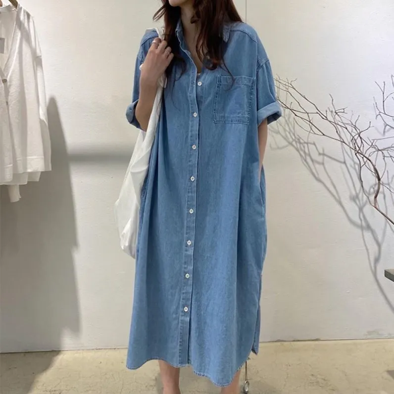 Retro Lapel Single-breasted Casual Loose Multi-pocket Design Over-the-knee Denim Dress Women